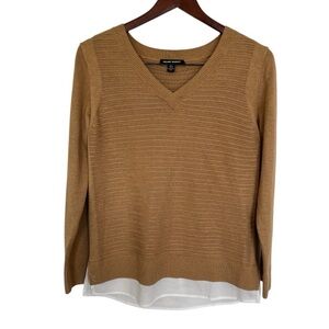 Hilary Radley Tan V-Neck Sweater with Layered Hem size small